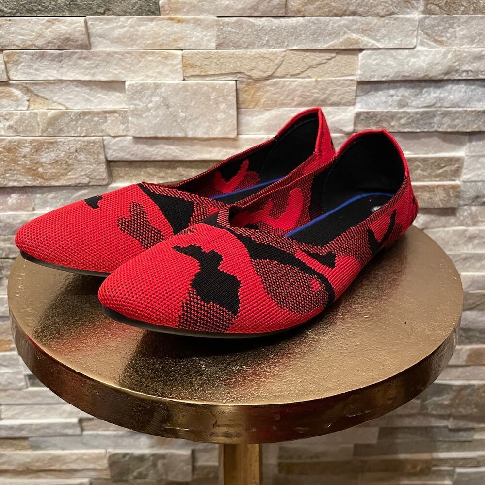 BABUDOG Red Camo Knit Travel Flats EU 40 | Foldable Point Toe Lightweight Shoes